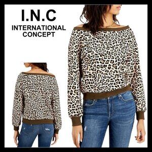 NWOT INC Leopard print off shoulders loose fit petite sweatshirt